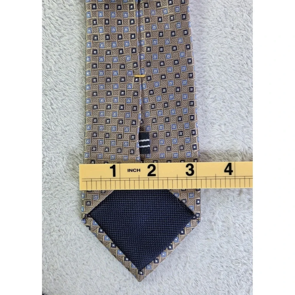 Nautica Silk Tie Tan Blue Geometric Square Pattern Classic Business Mens Necktie